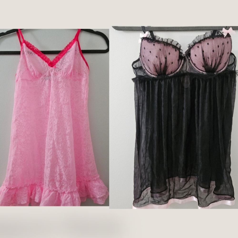 Victoria's Secret Black and Pink Chemise with Lace Overlay
